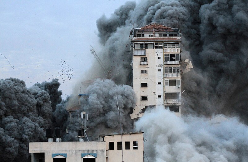 Destruction of Palestine Tower on Oct 7. Source: https://commons.wikimedia.org/wiki/File:Damage_in_Gaza_Strip_during_the_October_2023_-_01_(cropped).jpg
